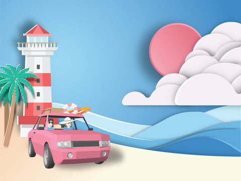 Road trip on to travel on lighthouse background . paper art style.