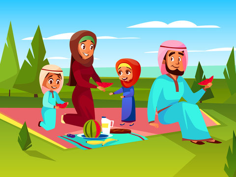 Arabian Family At Picnic Vector Cartoon Illustration. Saudi Muslim Father And Mother In Khaliji With Children Boy And Girl Together Sitting At Outdoor Summer Picnic Plaid And Eating Watermelon