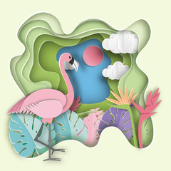 Obraz premium Paper art carving with flamingo , tropical leaf background.
