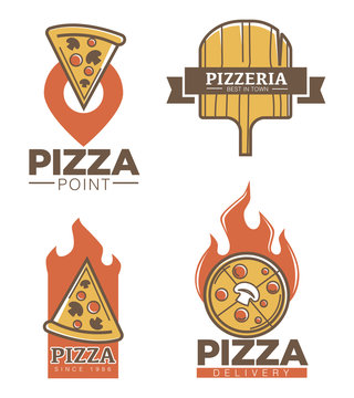 Italian pizzeria and pizza delivery promo emblems set