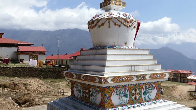 Tilt up of Main Stupa of Takasindu Buddhist temple at Solu Khumbu valley, Nepal, Himalayas.