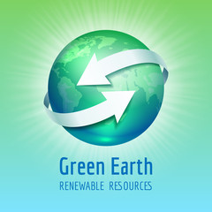 Green planet globe Earth with white arrows, vector illustration