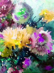 Obrazy  Streszczenie jasne kolorowe tło dekoracyjne. Kwiatowy wzór ręcznie robione. Piękny delikatny romantyczny letni bukiet kwiatów astrowych, wykonany w technice akwareli z natury.