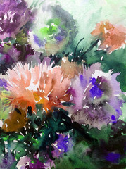 Abstract bright colored decorative background . Floral pattern handmade . Beautiful tender romantic summer bouquet of aster flowers  , made in the technique of watercolors from nature.