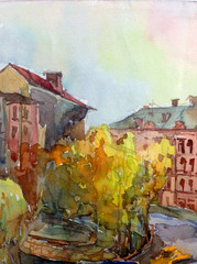 Watercolor colorful bright textured abstract background handmade . City street landscape . Painting of building of old europian city  , made in the technique of watercolors from nature