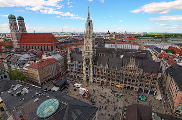 Munich, Germany-APRIL 30, 2018: Ancient Marienplatz and New City Hall, Cathedral of Our Dear Lady (Munich Frauenkirche) aerial view in spring day