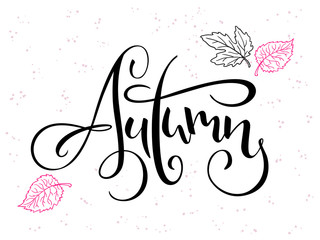Naklejka premium vector hand lettering text about autumn with doodle leaves and dots