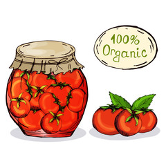 Tomatoes. Pickles. Blanks for the winter. Hand drawing. Print, sticker. Organic. For your design.