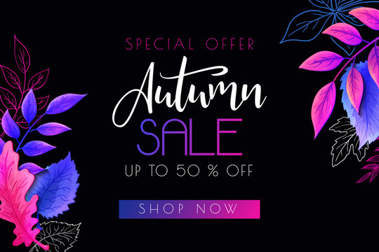 Vector autumn sale banner with hand lettering and leaves
