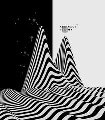 Landscape background. Terrain. Black and white background. Pattern with optical illusion. 3D Vector illustration.