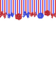 Stripe and Stars Bows on Patriotic Background Template. Vertical Tricolor Ribbons decorated with Stripes and Stars Bows for 4th of July Celebration.