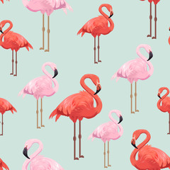 Naklejka premium Seamless pattern with red and pink flamingos