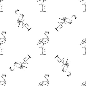 Seamless vector texture with standing flamingo. Hand drawn illustration.