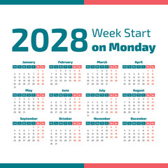 Simple 2028 year calendar