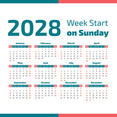Simple 2028 year calendar