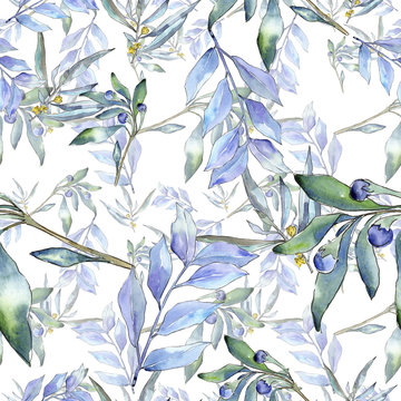 Blue elaeagnus leaves in a watercolor style. Seamless background pattern. Fabric wallpaper print texture. Aquarelle leaf for background, texture, wrapper pattern, frame or border. © yanushkov