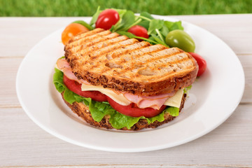 Toasted ham and cheese sandwich on wooden table