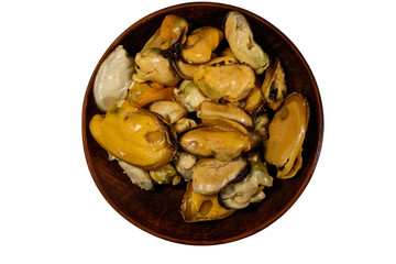 Marinated mussels isolated on white background