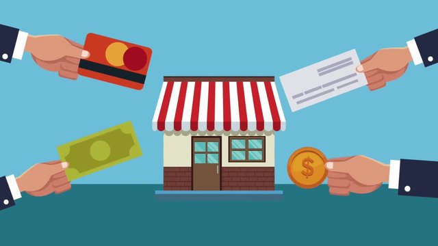 Shopping in store with differents payments methods High Definition animation colorful scenes