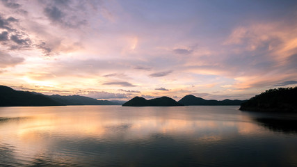 beautiful sunset on the reservoir at Khuean Srinagarindra National Park kanchanaburi povince , landscape Thailand