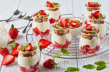 granola, yogurt, strawberries in portion jars
