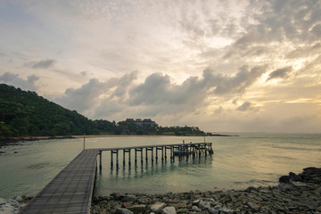 beautiful sunrise wooden bridge seascape thailand