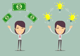 Flat design of exchange business ideas and money. Woman holding light bulb like an idea and money. Business idea concept. Vector illustration. Isolated.