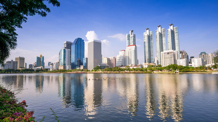 Fototapeta premium Bangkok city - Cityscape downtown Business district urban area ,reflection landscape Bangkok Thailand