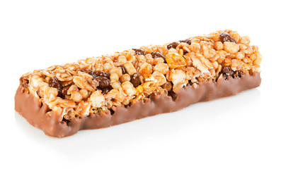 Chocolate cereal bar close-up isolated on a white background.