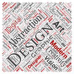 Vector conceptual creativity art graphic identity design visual square red word cloud isolated background. Collage of advertising, decorative, fashion, inspiration, vision, perspective modeling