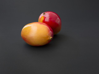 Two mangoes fruits on the dark background. Minimalistic concept