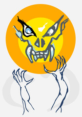 evil grab skull and big eyes with yellow moon background