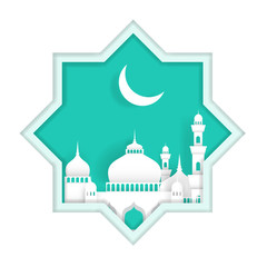  illustration ramadan with mosque and moon. paper art style.