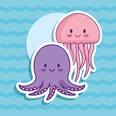 cute octopus and jellyfish over blue background, colorful design. vector illustration