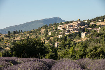 Naklejka na ściany i meble a lavender field with the village of Aurel beyond, the Vaucluse, Provence, France