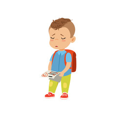 Sad little schoolboy holding test paper with bad mark vector Illustration on a white background