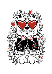Folk set vector illustration with white cat, heart glasses and flowers