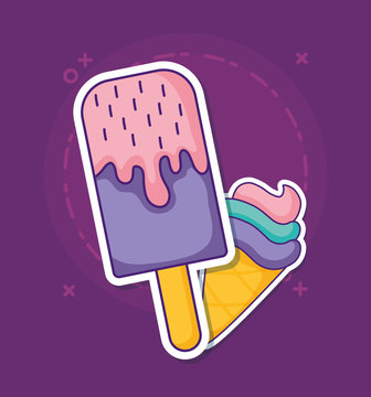 ice cream bar and cone icon over purple background, colorful design. vector illustration