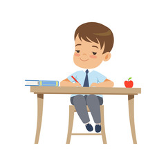 Cute boy sitting at the desk and writing, elementary school student in uniform vector Illustration on a white background