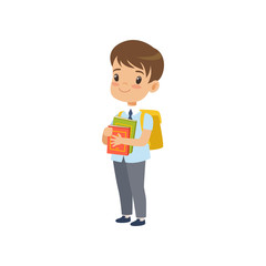 Cute boy with backpack holding books, pupil in school uniform studying at school vector Illustration on a white background
