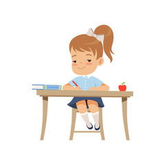 Cute girl sitting at the desk and writing, elementary school student in uniform vector Illustration on a white background