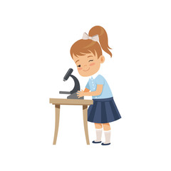 Cute girl using microscope at lesson, pupil in school uniform studying at school vector Illustration on a white background