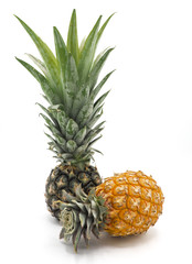 Fresh pineapple fruit with slices on white background
