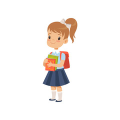 Cute girl with backpack holding books, pupil in school uniform studying at school vector Illustration on a white background