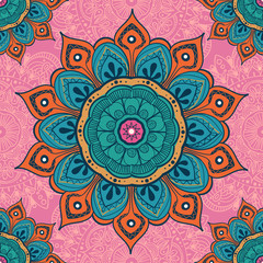 Flower mandala colorful background for cards, prints, textile and coloring books. Seamless pattern
