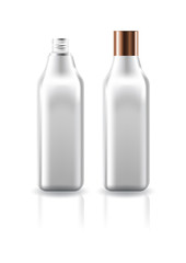 Blank clear cosmetic square bottle with copper screw lid for beauty product packaging. Isolated on white background with reflection shadow. Ready to use for package design. Vector illustration.