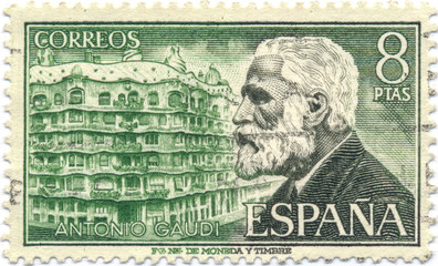 Antoni Gaudi. Spanish postage stamp from 1960 - obrazy, fototapety, plakaty