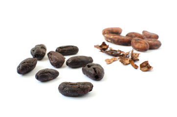 Fototapeta na wymiar Raw cacao beans unpeeled and peeled, with husk