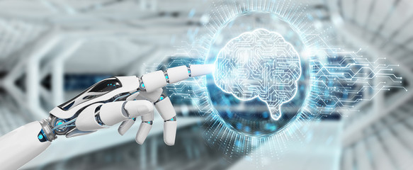 White humanoid hand using digital artificial intelligence icon hologram 3D rendering