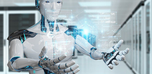 White male cyborg using digital datas interface 3D rendering